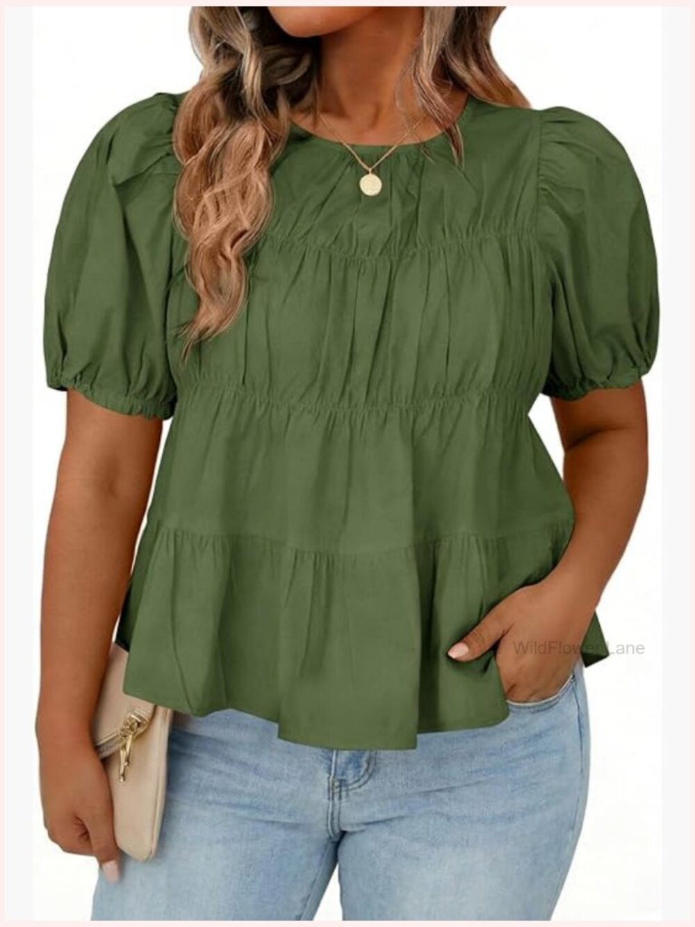 Plus Size Peplum Babydoll Top Puff Sleeve Crew Neck Cotton Blouse